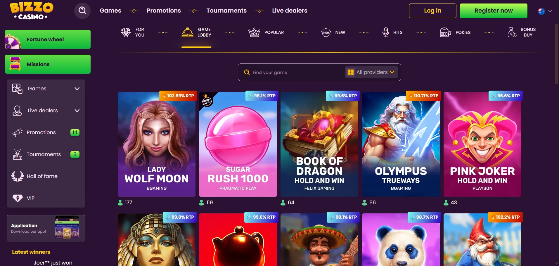 Bizzo Casino lobby preview